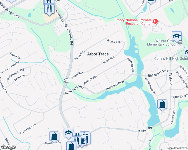 map of restaurants, bars, coffee shops, grocery stores, and more near 441 Shore Drive Northwest in Suwanee
