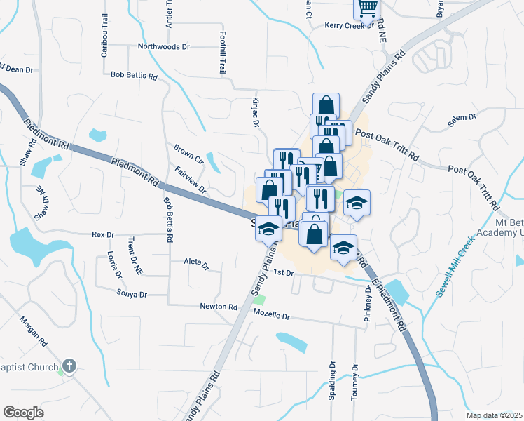 map of restaurants, bars, coffee shops, grocery stores, and more near 1855 Piedmont Road in Marietta