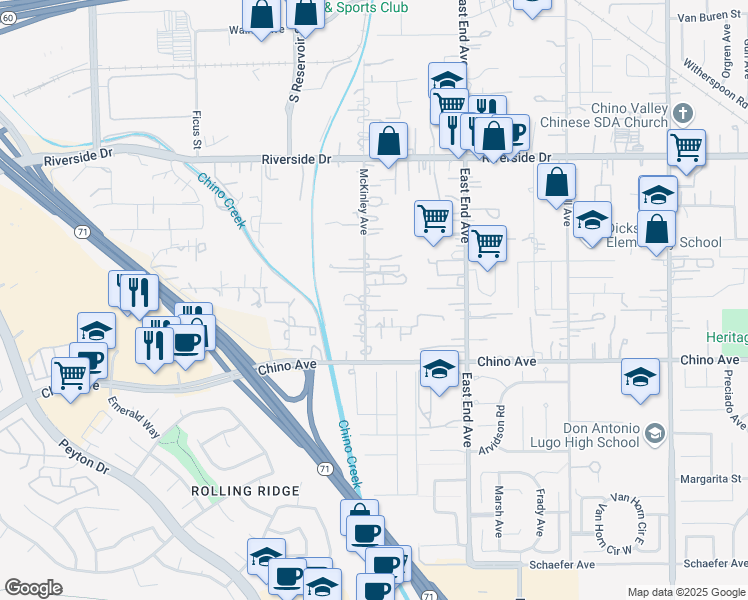 map of restaurants, bars, coffee shops, grocery stores, and more near 13173 McKinley Avenue in Chino