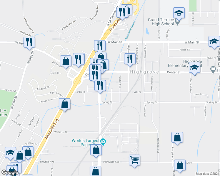 map of restaurants, bars, coffee shops, grocery stores, and more near 1250 Ruby Street in Riverside