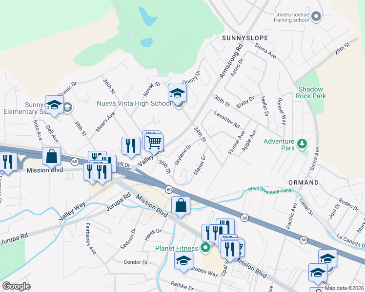 map of restaurants, bars, coffee shops, grocery stores, and more near 3490 Valley Way in Riverside