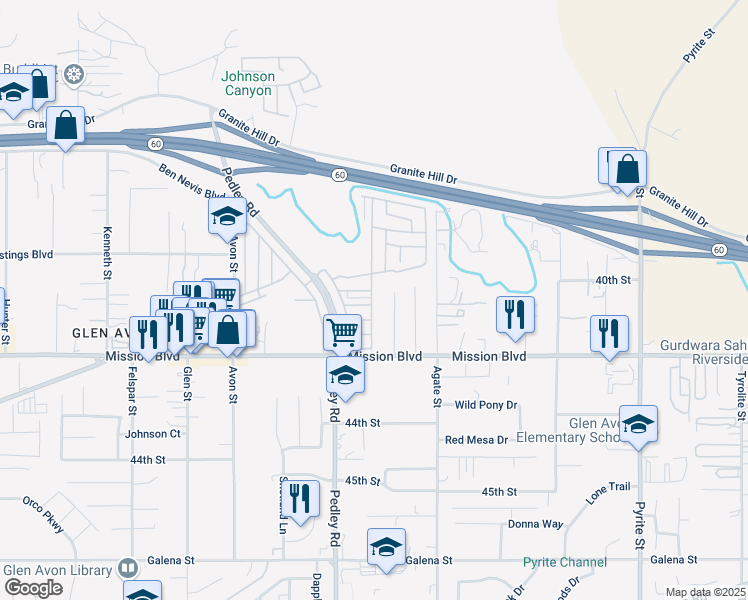 map of restaurants, bars, coffee shops, grocery stores, and more near Francine Avenue in Riverside