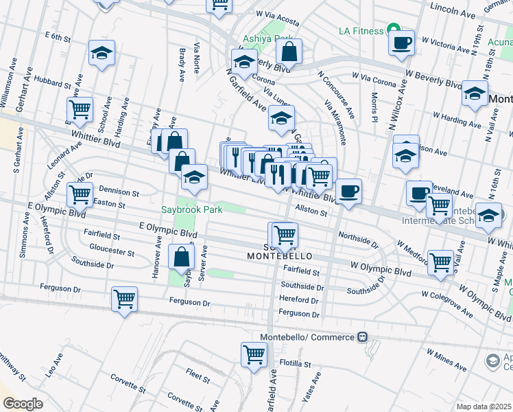 map of restaurants, bars, coffee shops, grocery stores, and more near 6506 Allston Street in East Los Angeles