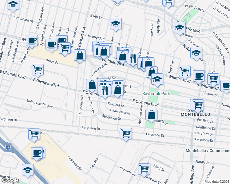 map of restaurants, bars, coffee shops, grocery stores, and more near 6071 East Easton Street in East Los Angeles