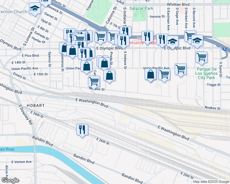 map of restaurants, bars, coffee shops, grocery stores, and more near 3751-3849 Noakes Street in Los Angeles