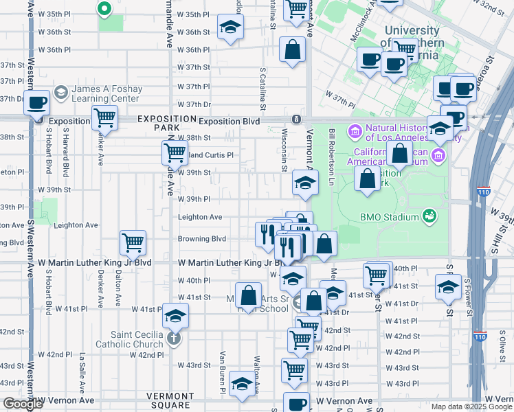 map of restaurants, bars, coffee shops, grocery stores, and more near 1092 West 39th Place in Los Angeles