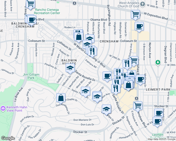 map of restaurants, bars, coffee shops, grocery stores, and more near 4115 Palmwood Drive in Los Angeles