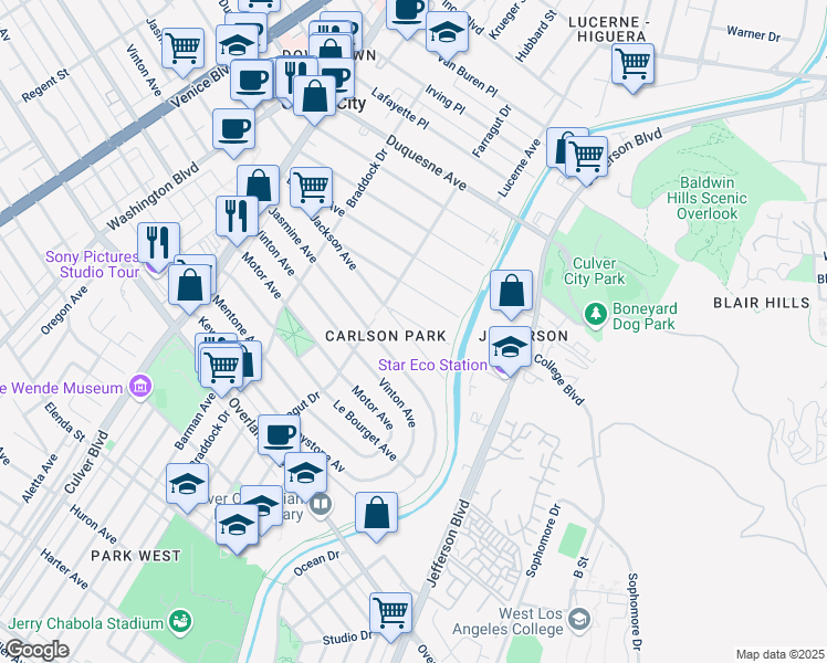 map of restaurants, bars, coffee shops, grocery stores, and more near 4239 Revere Place in Culver City