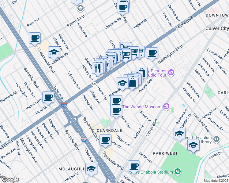 map of restaurants, bars, coffee shops, grocery stores, and more near 3864 Prospect Avenue in Culver City