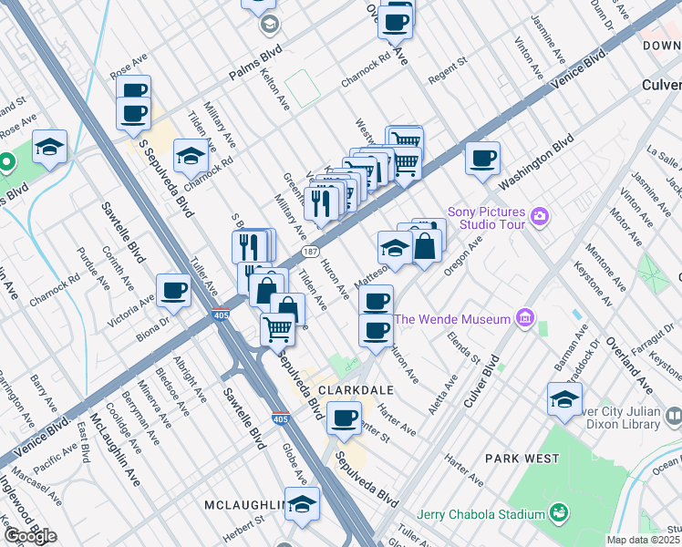map of restaurants, bars, coffee shops, grocery stores, and more near 3836 Huron Avenue in Culver City