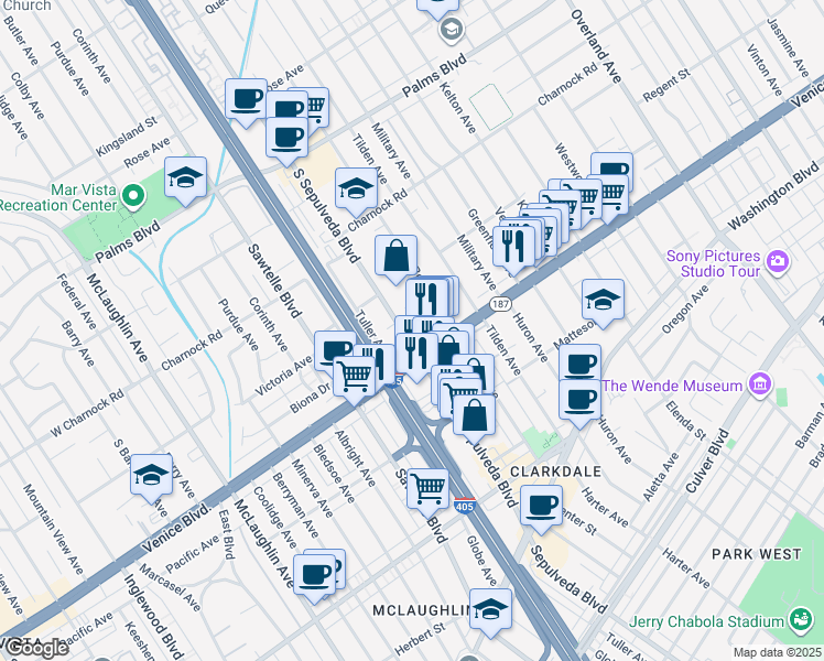 map of restaurants, bars, coffee shops, grocery stores, and more near 3747 Dufresne Court in Los Angeles