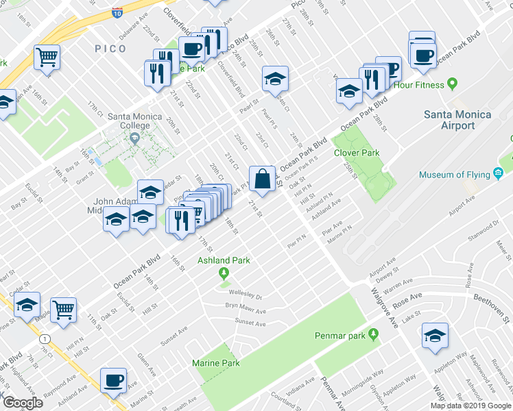 map of restaurants, bars, coffee shops, grocery stores, and more near 2117 Oak Street in Santa Monica