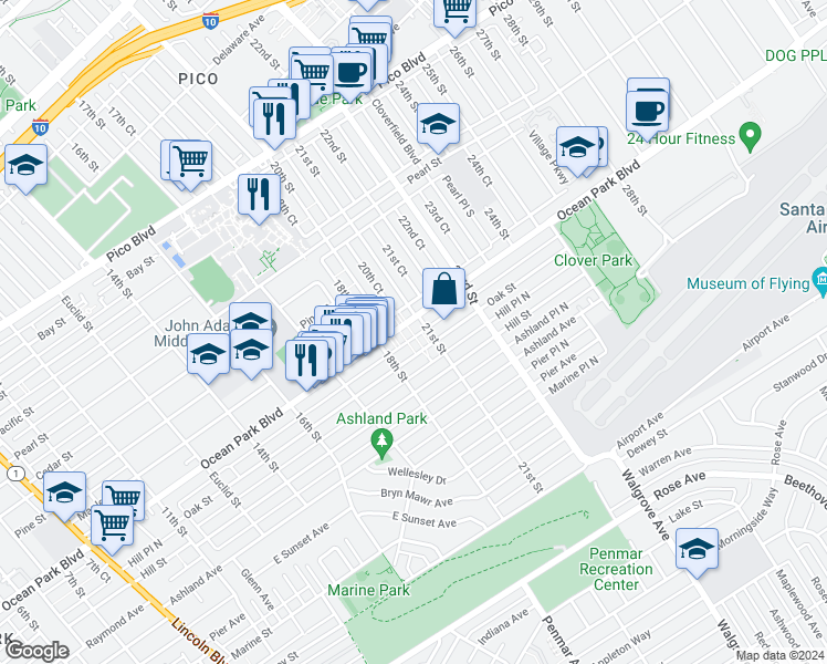 map of restaurants, bars, coffee shops, grocery stores, and more near 2020 Ocean Park Boulevard in Santa Monica