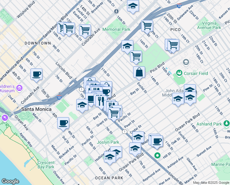 map of restaurants, bars, coffee shops, grocery stores, and more near 1013 Pico Boulevard in Santa Monica