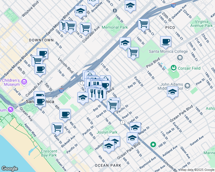 map of restaurants, bars, coffee shops, grocery stores, and more near 1854 10th Street in Santa Monica