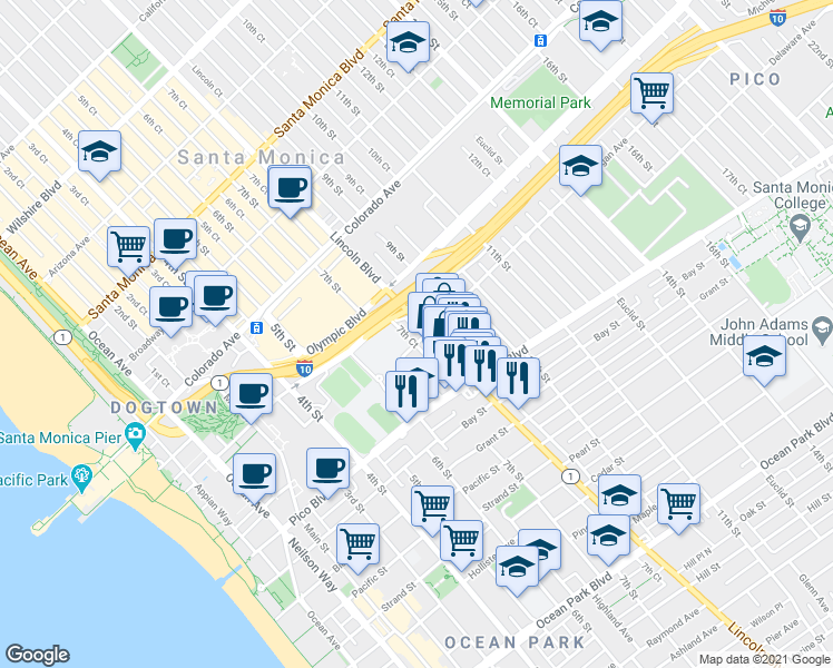 map of restaurants, bars, coffee shops, grocery stores, and more near 1756 Lincoln Boulevard in Santa Monica