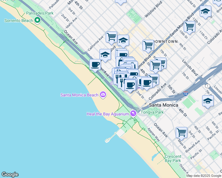 map of restaurants, bars, coffee shops, grocery stores, and more near 1401 Ocean Avenue in Santa Monica