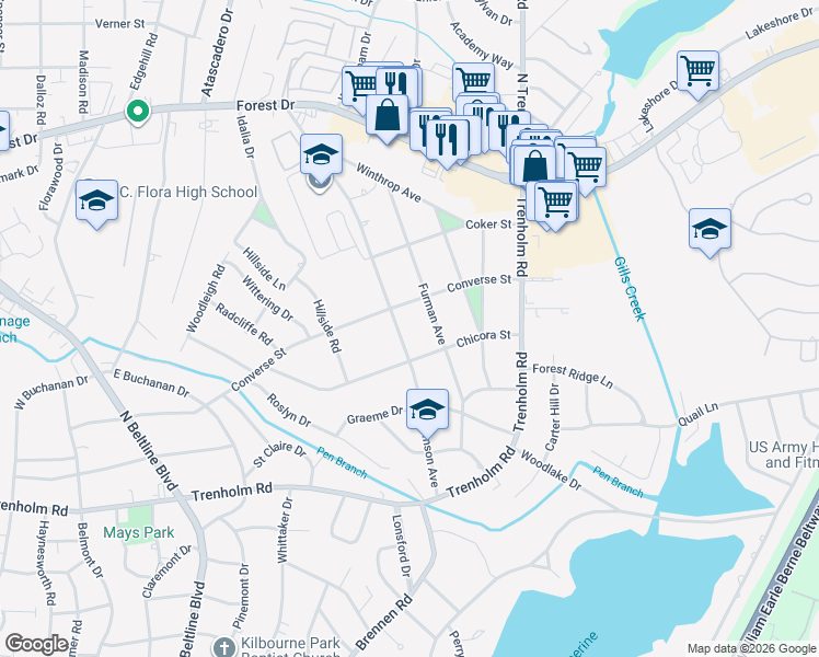 map of restaurants, bars, coffee shops, grocery stores, and more near 4931 Clemson Avenue in Columbia