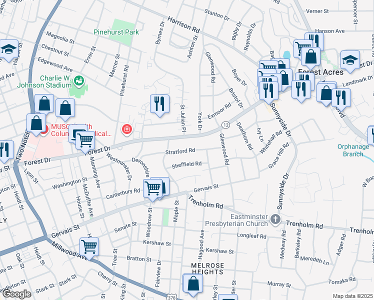 map of restaurants, bars, coffee shops, grocery stores, and more near 2829 Stratford Road in Columbia
