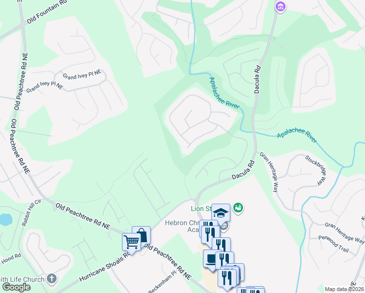 map of restaurants, bars, coffee shops, grocery stores, and more near 2973 Misty Rock Cove in Dacula