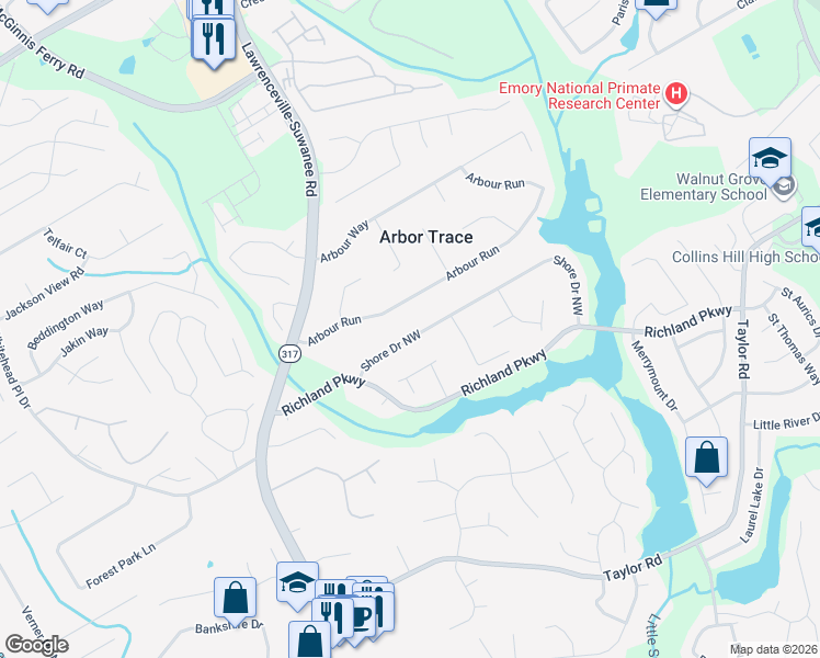 map of restaurants, bars, coffee shops, grocery stores, and more near 441 Shore Drive Northwest in Suwanee