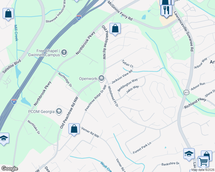 map of restaurants, bars, coffee shops, grocery stores, and more near 450 Peachtree Ridge Drive Northwest in Lawrenceville