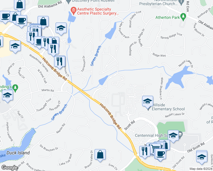 map of restaurants, bars, coffee shops, grocery stores, and more near 3500 Calibre Creek Parkway in Roswell