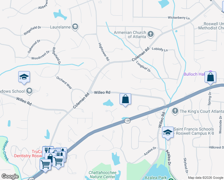 map of restaurants, bars, coffee shops, grocery stores, and more near 665 Willeo Road in Roswell