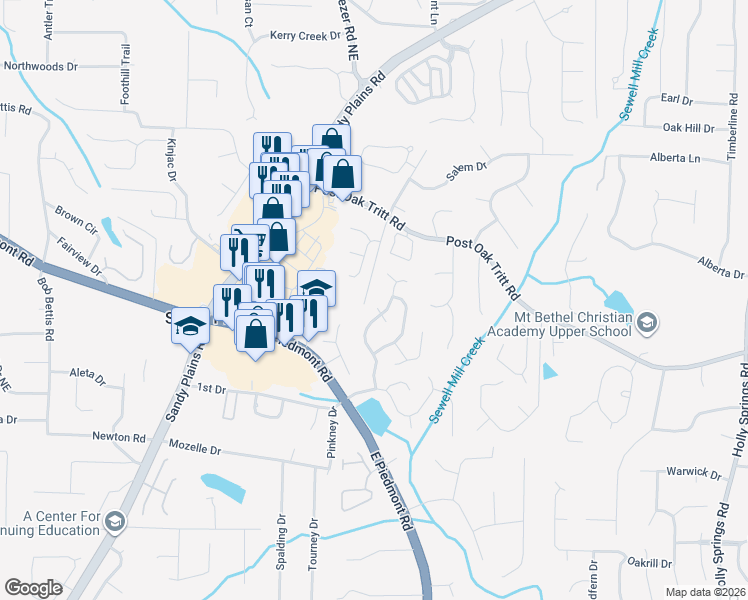 map of restaurants, bars, coffee shops, grocery stores, and more near 2675 Baramore Oaks Lane in Marietta