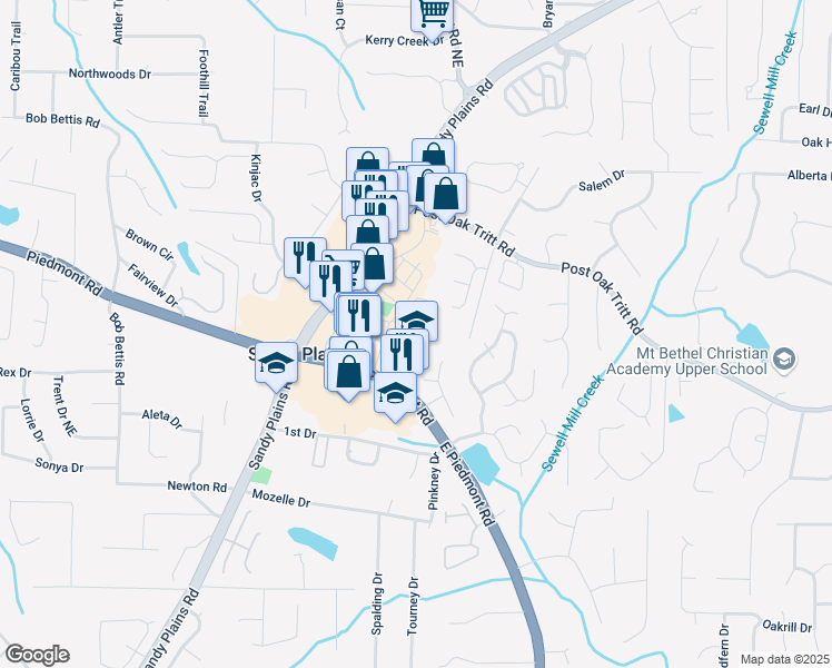 map of restaurants, bars, coffee shops, grocery stores, and more near 2560 Silver Star Drive Northeast in Marietta