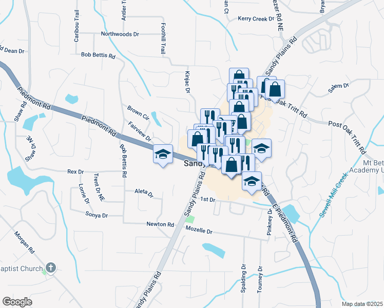 map of restaurants, bars, coffee shops, grocery stores, and more near 1855 Piedmont Road in Marietta