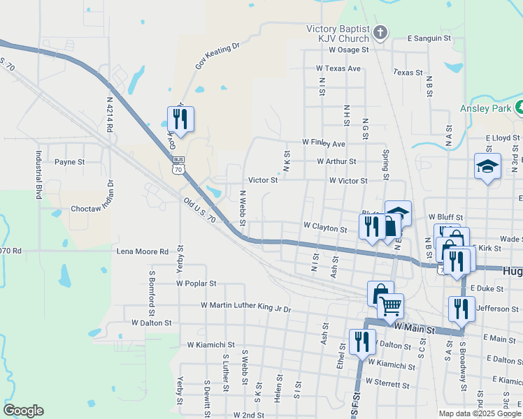 map of restaurants, bars, coffee shops, grocery stores, and more near 300-586 North Webb Street in Hugo