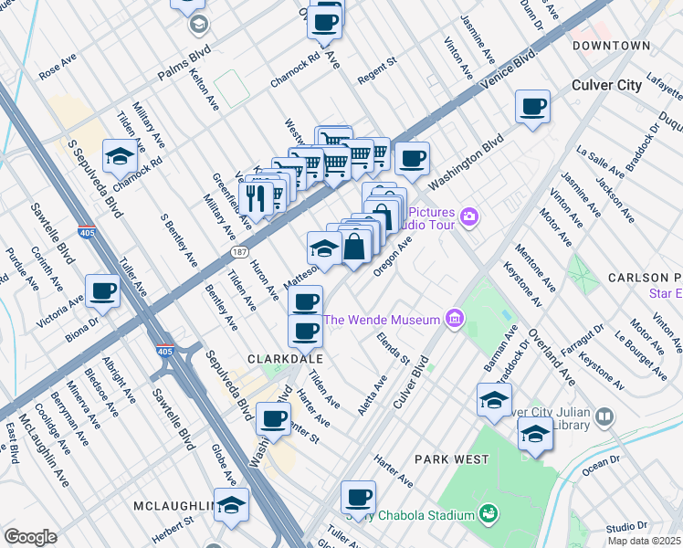 map of restaurants, bars, coffee shops, grocery stores, and more near 10915 Washington Boulevard in Culver City