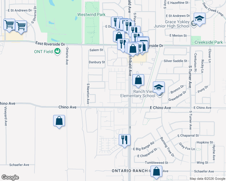 map of restaurants, bars, coffee shops, grocery stores, and more near 2624 Birdsong Privado in Ontario
