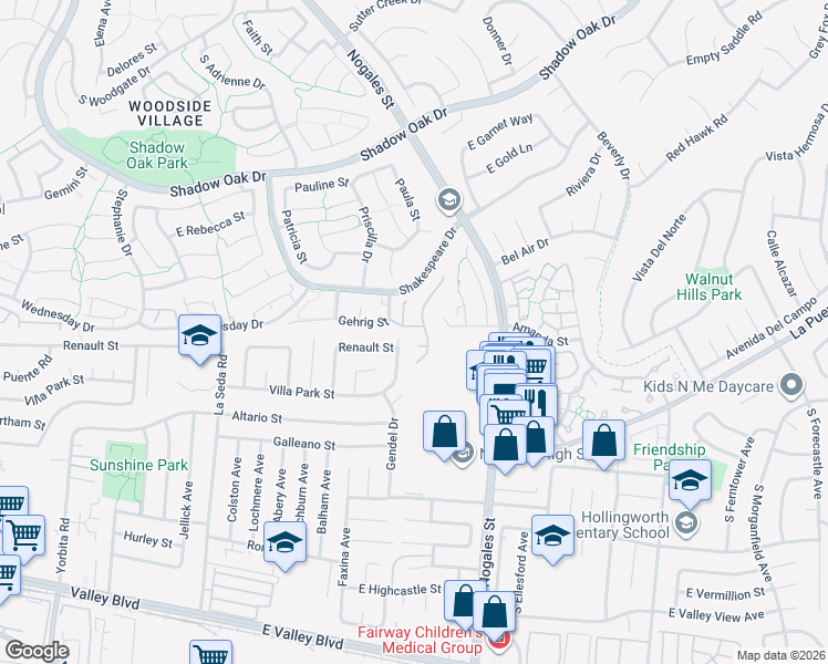 map of restaurants, bars, coffee shops, grocery stores, and more near 3502 Willow Glen Lane in West Covina
