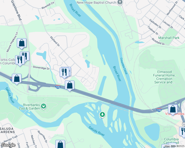 map of restaurants, bars, coffee shops, grocery stores, and more near 2084 Watermark Place in Columbia