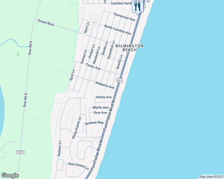 map of restaurants, bars, coffee shops, grocery stores, and more near 107 Alabama Avenue in Kure Beach