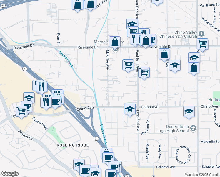 map of restaurants, bars, coffee shops, grocery stores, and more near 13173 McKinley Avenue in Chino