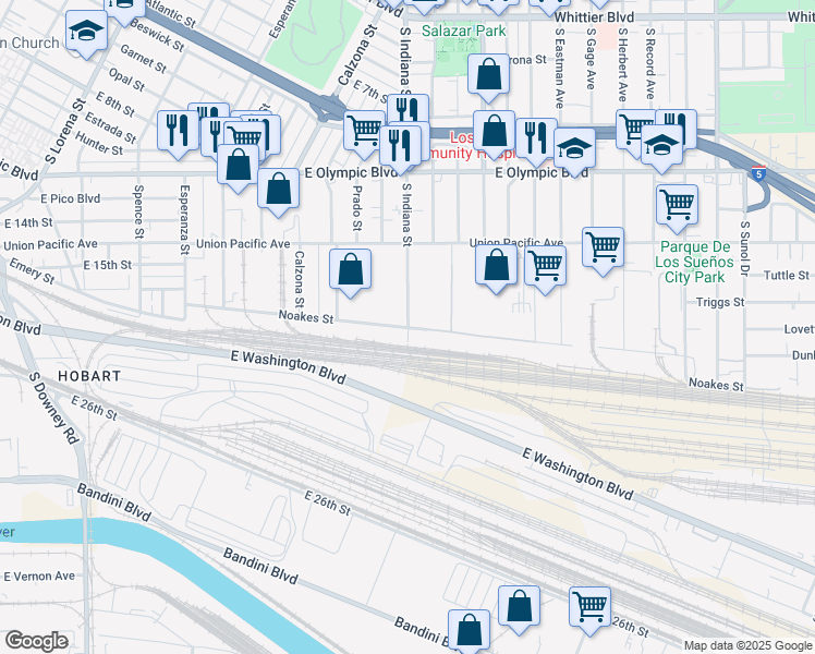 map of restaurants, bars, coffee shops, grocery stores, and more near 3849 Noakes Street in Los Angeles