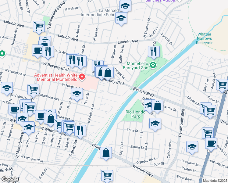 map of restaurants, bars, coffee shops, grocery stores, and more near 426 Bradley Avenue in Montebello