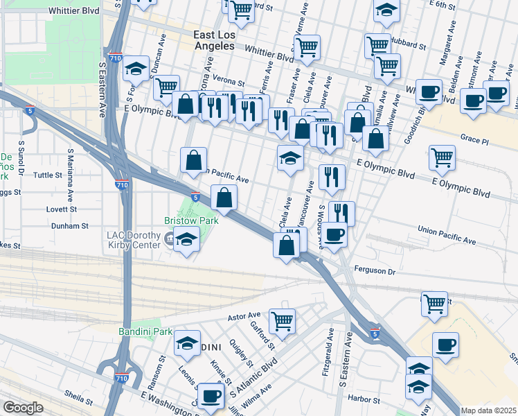 map of restaurants, bars, coffee shops, grocery stores, and more near 1347 Fraser Avenue in East Los Angeles