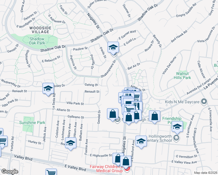 map of restaurants, bars, coffee shops, grocery stores, and more near 3502 Willow Glen Lane in West Covina