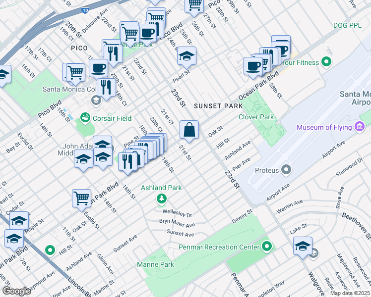map of restaurants, bars, coffee shops, grocery stores, and more near 2103 Oak Street in Santa Monica