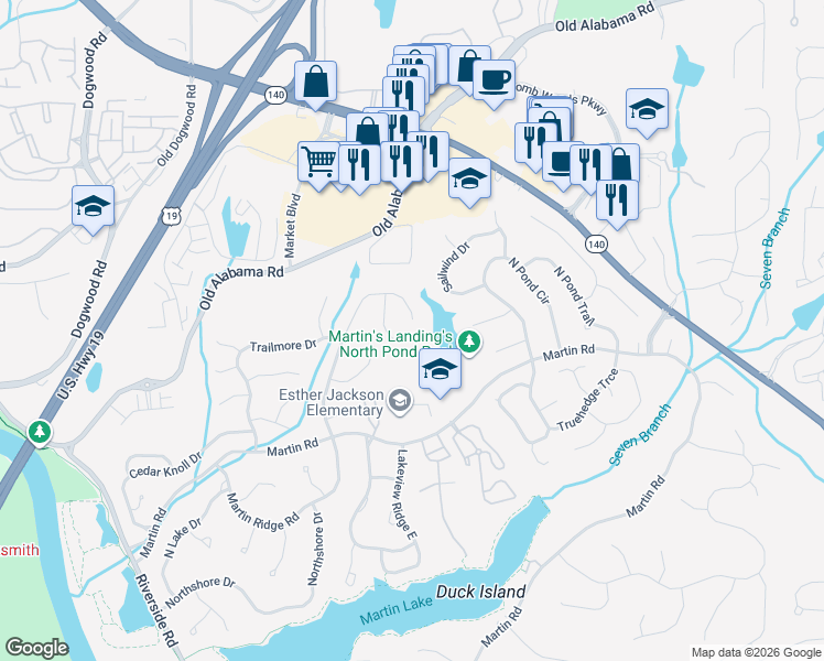 map of restaurants, bars, coffee shops, grocery stores, and more near 9775 Hillside Dr in Roswell