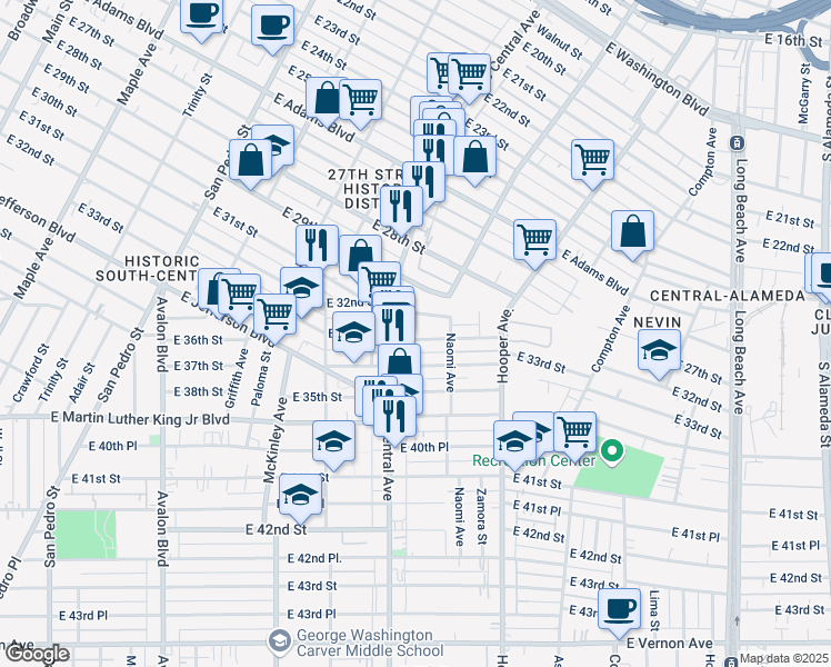 map of restaurants, bars, coffee shops, grocery stores, and more near 1141 East 33rd Street in Los Angeles