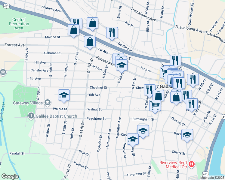 map of restaurants, bars, coffee shops, grocery stores, and more near 872 Chestnut Street in Gadsden