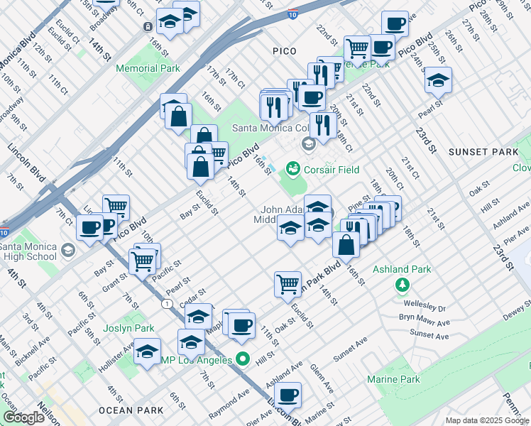 map of restaurants, bars, coffee shops, grocery stores, and more near 2213 14th Street in Santa Monica
