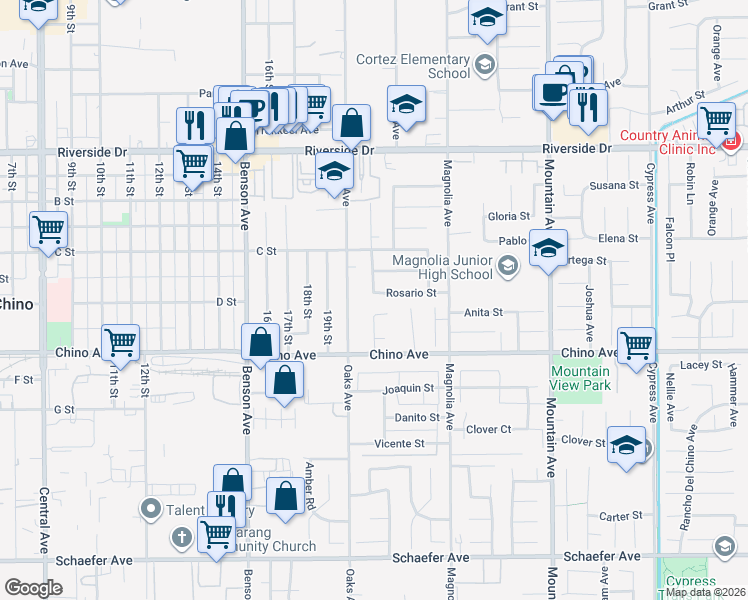 map of restaurants, bars, coffee shops, grocery stores, and more near 5963 Rosario Street in Chino
