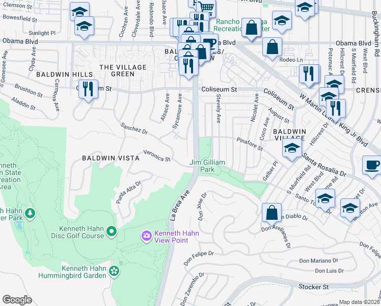 map of restaurants, bars, coffee shops, grocery stores, and more near 3974 South Orange Drive in Los Angeles
