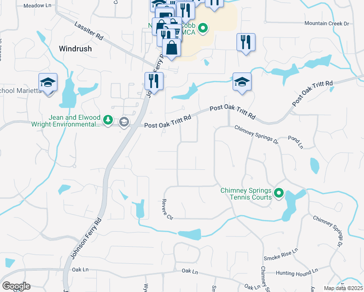 map of restaurants, bars, coffee shops, grocery stores, and more near 2616 Alpine Trail in Marietta